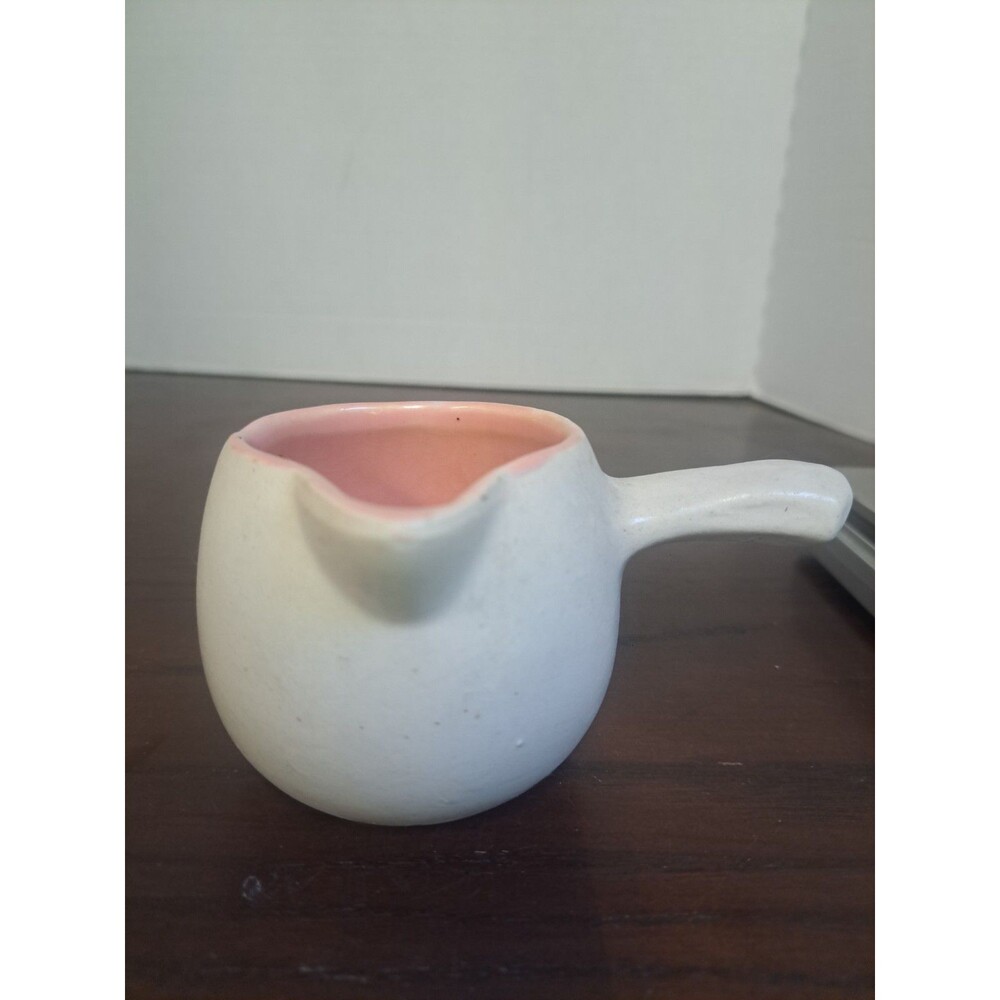 1940s McCoy Art Pottery Matte White With Glazed Pink Interior Handled Gravy Boat